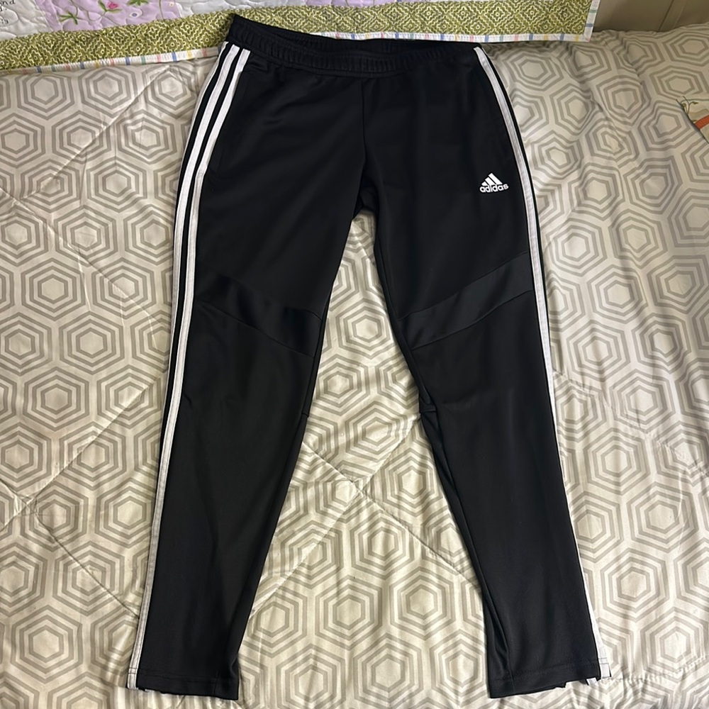 Adidas women’s Black Track Pants climacool White stripes on sides Sz M